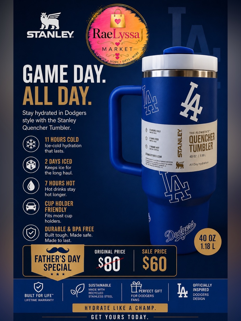 Stanley Dodgers Blue Quencher Tumbler with Handle